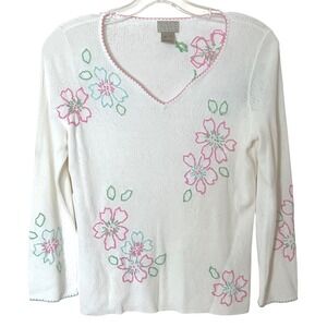 Sigrid Olsen Sport Embroidered Floral Lightweight Sweater White Preppy Small EUC